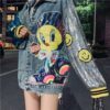 Fashion Oversize Denim Jackets Women Cartoon Sequin Stitching Embroidery Streetwear Hip Hop Vintage Outerwear Джинсовая куртка