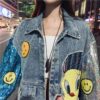 Fashion Oversize Denim Jackets Women Cartoon Sequin Stitching Embroidery Streetwear Hip Hop Vintage Outerwear Джинсовая куртка