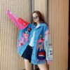 Harajuku Oversize Denim Jackets Women Oversized Jacket Patchwork Color Streetwear Cartoon Print Jean Coat Female Top