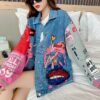 Harajuku Oversize Denim Jackets Women Oversized Jacket Patchwork Color Streetwear Cartoon Print Jean Coat Female Top
