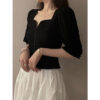 Vintage Folds T Shirt Women Elegant Black Square Collar Crop Tops Office Lady Korean Puff Short Sleeve Pleated Slim Casual Tees