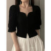 Vintage Folds T Shirt Women Elegant Black Square Collar Crop Tops Office Lady Korean Puff Short Sleeve Pleated Slim Casual Tees