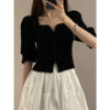Vintage Folds T Shirt Women Elegant Black Square Collar Crop Tops Office Lady Korean Puff Short Sleeve Pleated Slim Casual Tees