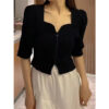 Vintage Folds T Shirt Women Elegant Black Square Collar Crop Tops Office Lady Korean Puff Short Sleeve Pleated Slim Casual Tees