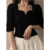 Vintage Folds T Shirt Women Elegant Black Square Collar Crop Tops Office Lady Korean Puff Short Sleeve Pleated Slim Casual Tees