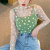 Women T-shirts Lace Sheer Tops Sexy Tees Long Sleeve Thin Mesh Shirts Daisy Ladies Top 2022 New Summer Sunscreen T shirt
