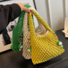 Women Weave Top-handle Bags Drawstring Mesh Shopping Handbags Large Capacity Fashion for Vacation Daily Casual with Cute Pendant
