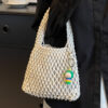 Women Weave Top-handle Bags Drawstring Mesh Shopping Handbags Large Capacity Fashion for Vacation Daily Casual with Cute Pendant