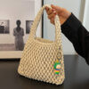Women Weave Top-handle Bags Drawstring Mesh Shopping Handbags Large Capacity Fashion for Vacation Daily Casual with Cute Pendant