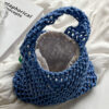 Women Weave Top-handle Bags Drawstring Mesh Shopping Handbags Large Capacity Fashion for Vacation Daily Casual with Cute Pendant