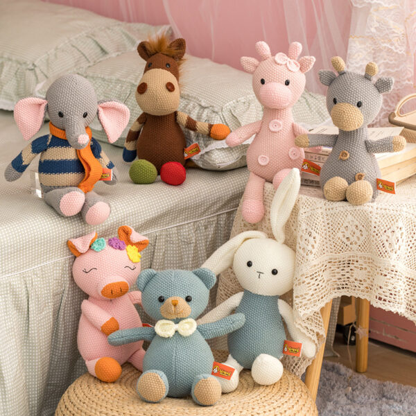 Kawaii Soft Woolen Animals Plush Doll Cotton Knitted Pink Stuffed Bear Rabbit Pig Peluches Toys Birthday