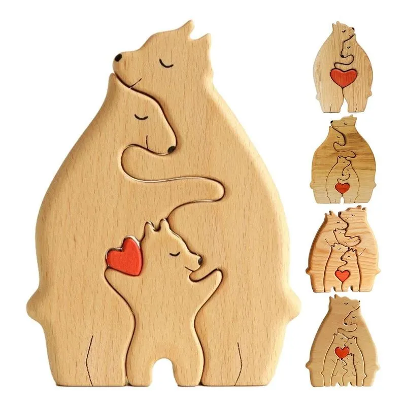 Wooden Bear Family Figure Statue Family Art Puzzle Desktop Ornament Wood Family Heart Puzzle Home Decor